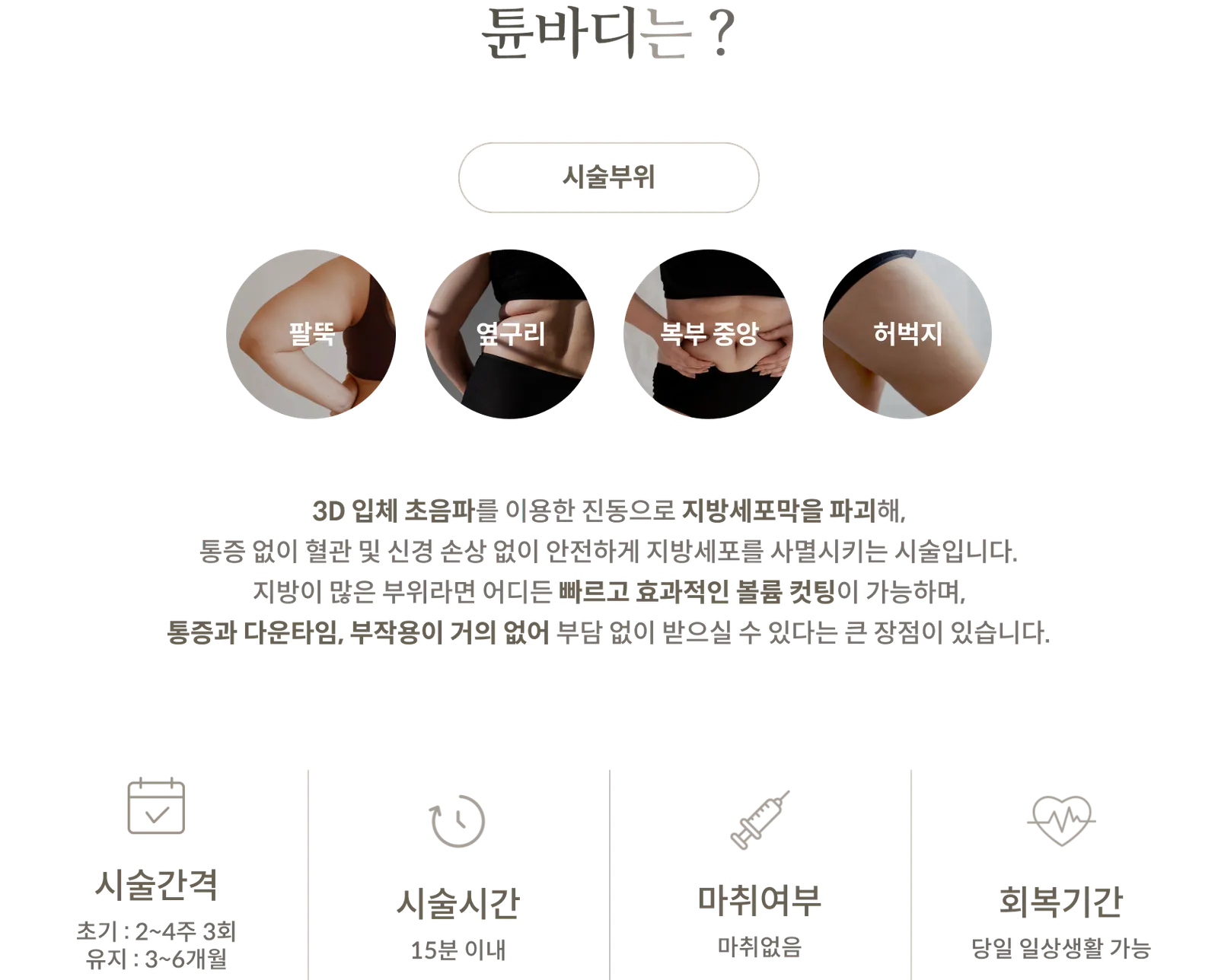 TuneBody施术信息面板:施术部位:上臂、侧腰、腹部中央、大腿;利用 3D 超声波破坏脂肪细胞膜;施术间隔:初始 3 次疗程,每次间隔 2-4 周,维持疗程 3-6 个月;施术时间:15 分钟以内;无需麻醉;当天即可恢复日常生活。