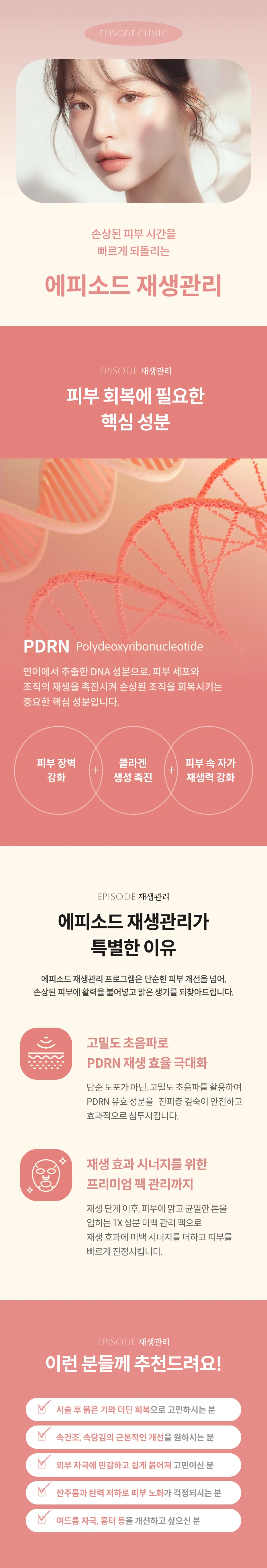 再生护理详细指南：针对受损肌肤的再生护理，主要成分PDRN（鲑鱼提取物DNA），强化肌肤屏障，促进胶原蛋白生成，结合高密度超声波和TX美白面膜护理，以及适用人群信息。